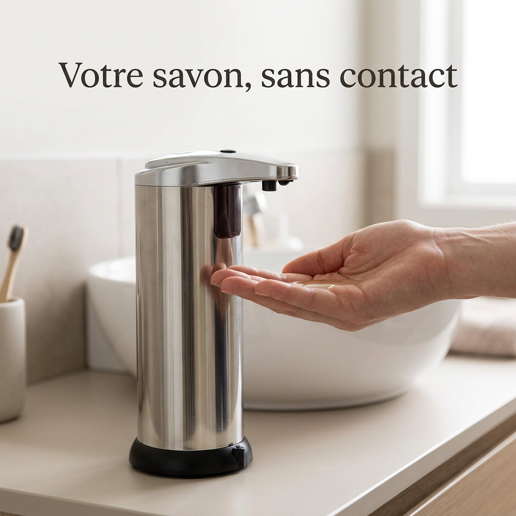 Main recevant du savon sous le bec d’un distributeur automatique argenté près d’un lavabo