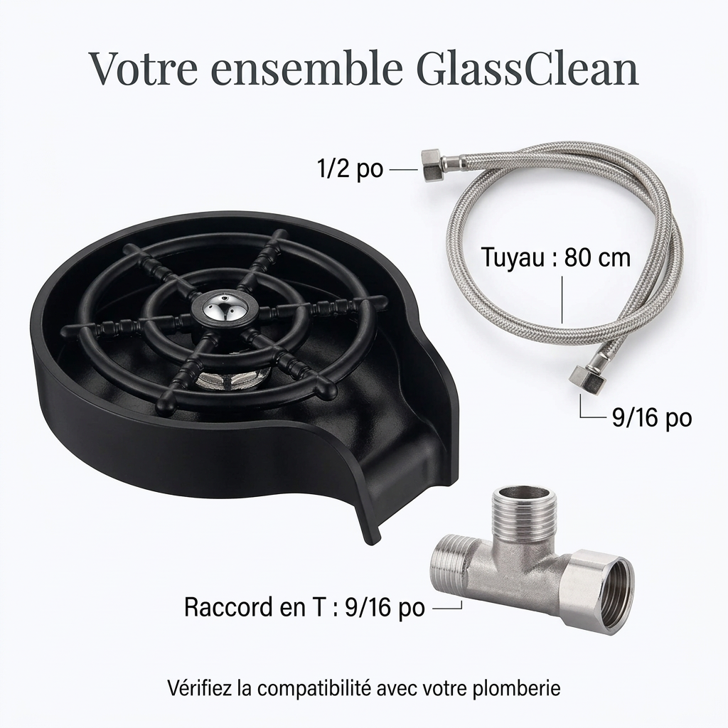 GlassClean noir avec tuyau de 80 cm, embouts de 1/2 et 9/16 po, et raccord en T de 9/16 po