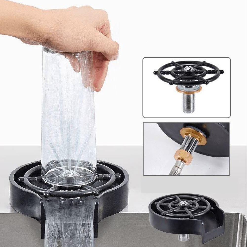Rinçage d’un grand verre avec GlassClean noir, accompagné de vues du mécanisme et du raccordement