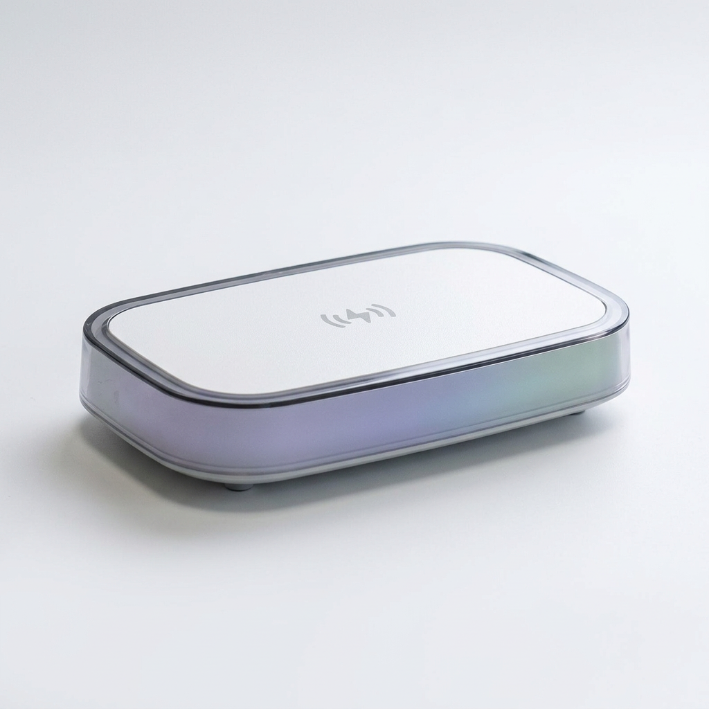 Socle de recharge sans fil à surface blanche et bordure sombre, présenté sur fond blanc