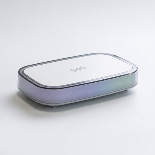 Socle de recharge sans fil à surface blanche et bordure sombre, présenté sur fond blanc