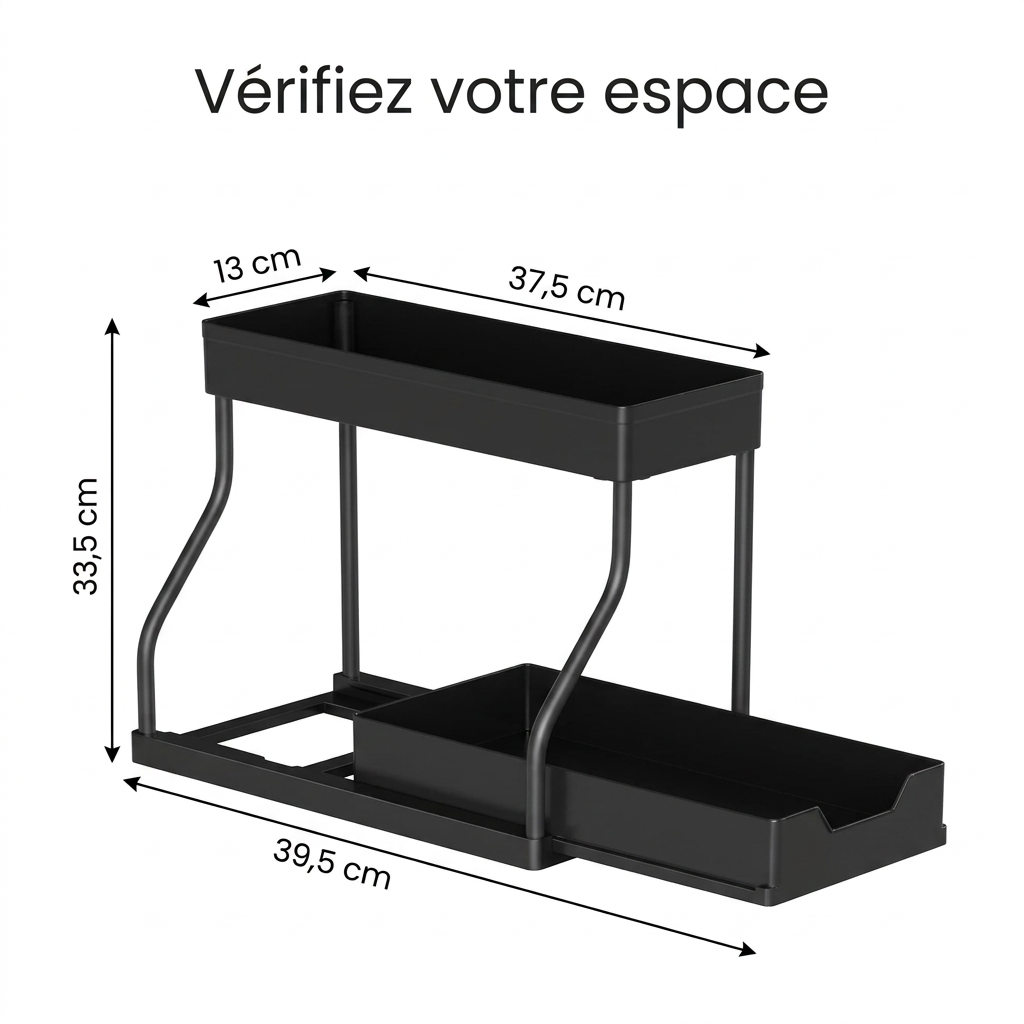 Organisateur coulissant noir à deux niveaux : hauteur de 33,5 cm, base de 39,5 cm et plateau supérieur de 37,5 × 13 cm