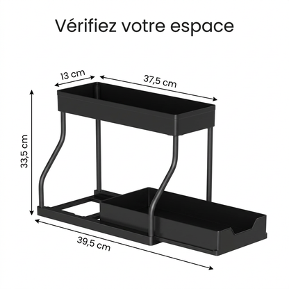 Organisateur coulissant noir à deux niveaux : hauteur de 33,5 cm, base de 39,5 cm et plateau supérieur de 37,5 × 13 cm