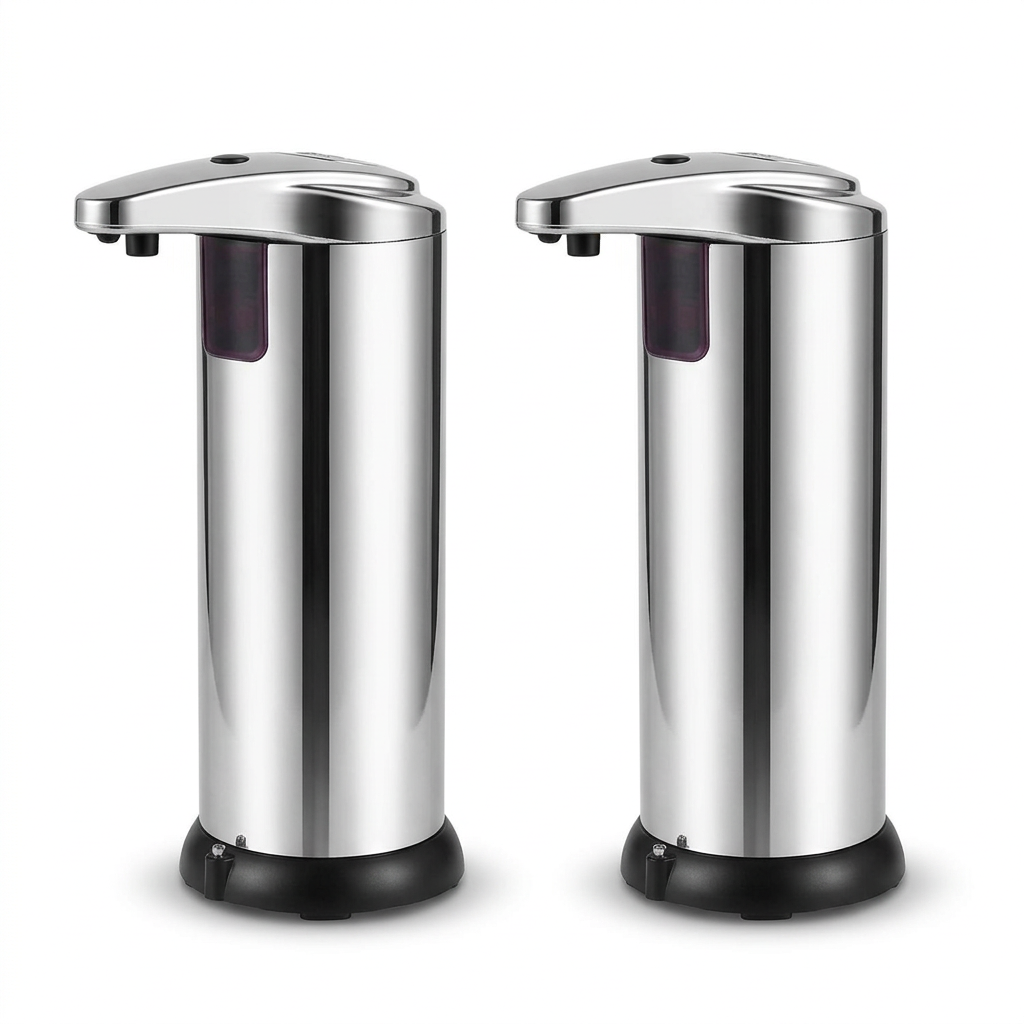 Distributeur de savon automatique argenté avec capteur frontal et base noire, sur fond blanc