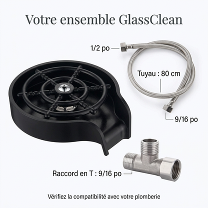 GlassClean noir avec tuyau de 80 cm, embouts de 1/2 et 9/16 po, et raccord en T de 9/16 po