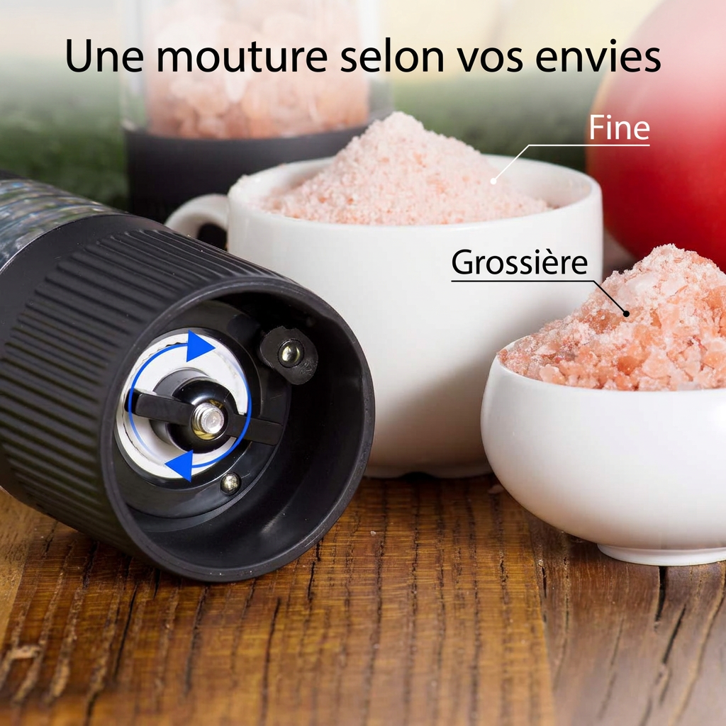 Vue du mécanisme de mouture réglable du moulin électrique, avec du sel fin et du gros sel