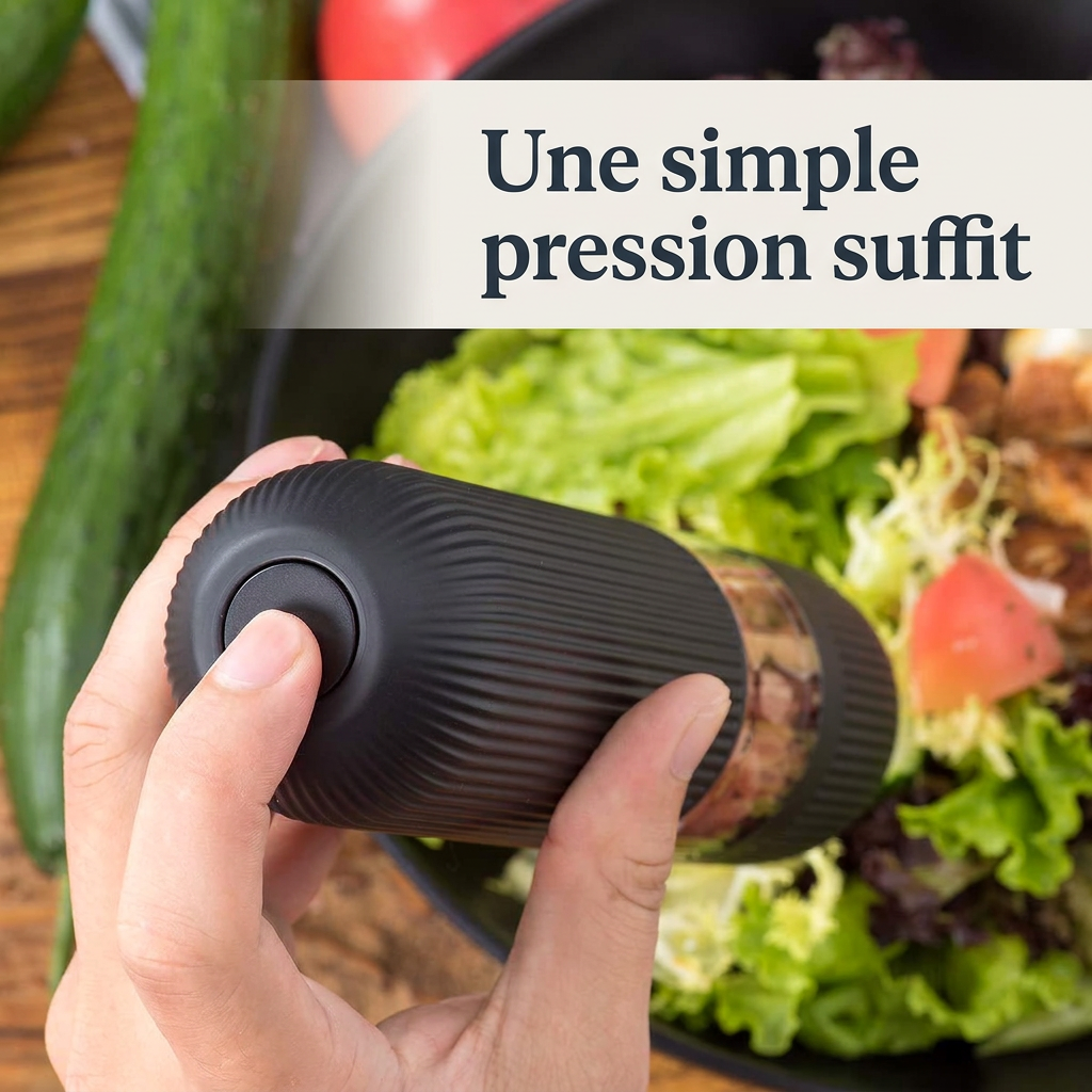 Main appuyant sur le bouton supérieur d’un moulin électrique noir pour assaisonner un plat