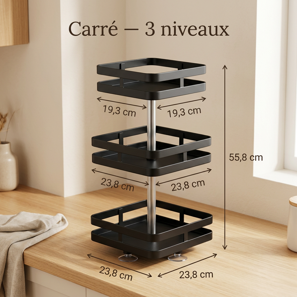 Organisateur rotatif noir à trois plateaux carrés sur un comptoir, avec ses dimensions et une hauteur de 55,8 cm