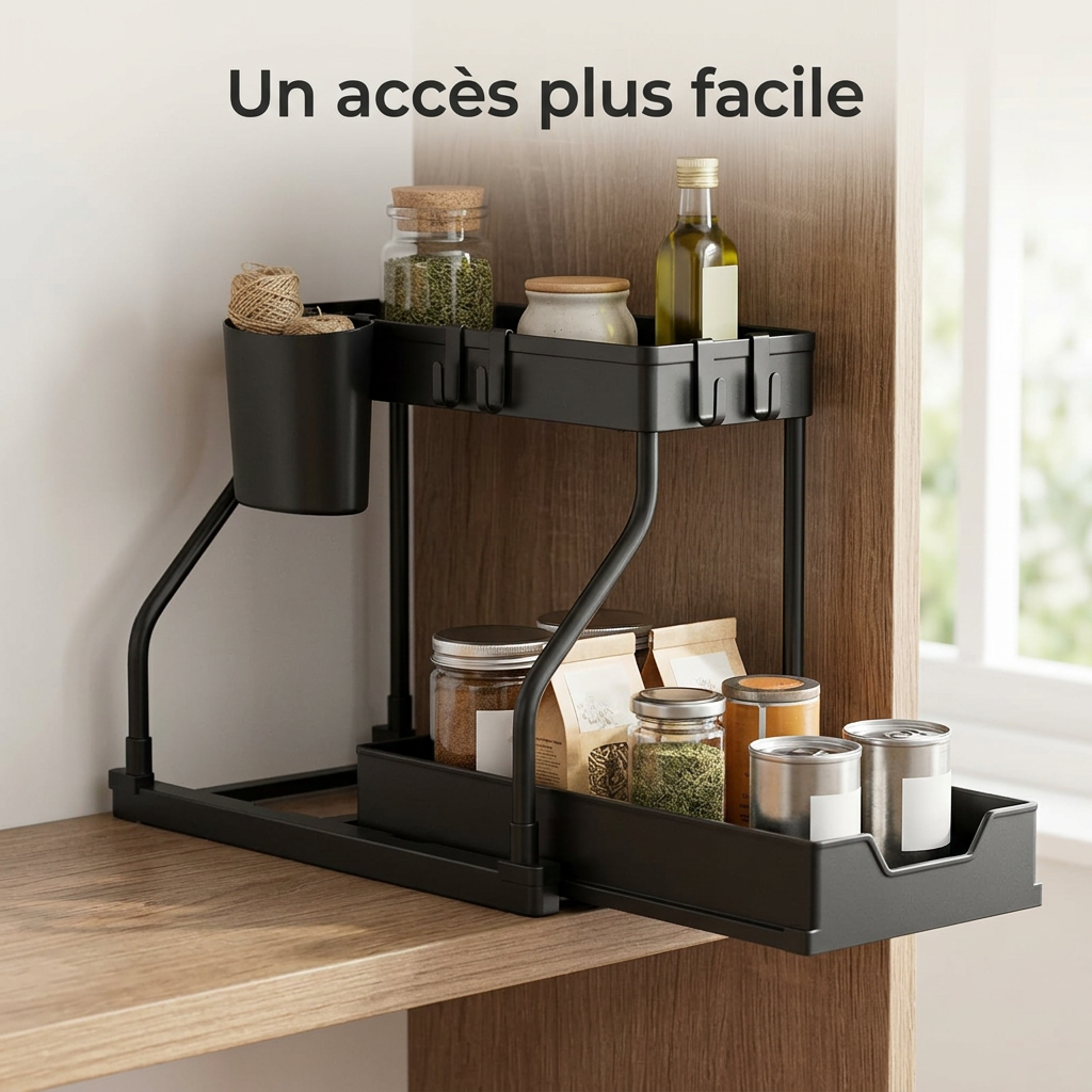  Organisateur noir à deux niveaux sur une étagère de cuisine, avec le plateau inférieur coulissant sorti 