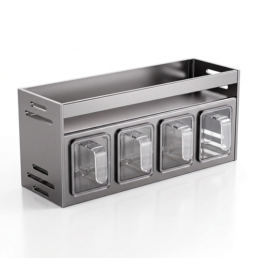 Organisateur de cuisine en aluminium avec quatre contenants transparents, vue complète sur fond blanc