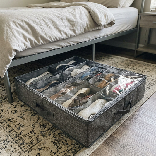 Organisateur à chaussures gris brossé avec dessus transparent, posé près d’un lit