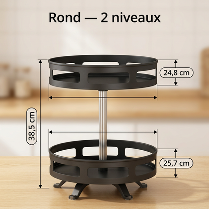 Organisateur rotatif noir à deux plateaux ronds sur un comptoir, avec ses dimensions et une hauteur de 38,5 cm