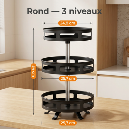  Organisateur rotatif noir à trois plateaux ronds sur un comptoir, avec ses dimensions et une hauteur de 54 cm