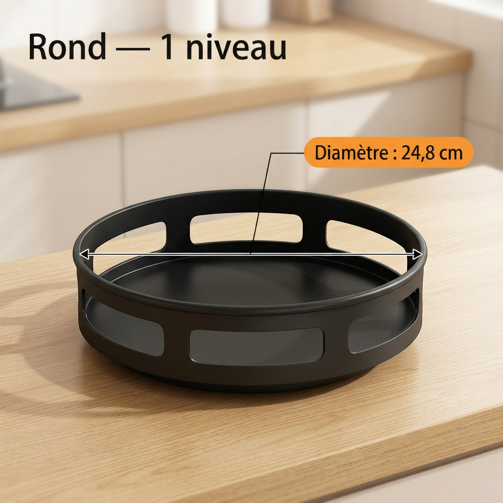 Organisateur rotatif noir à un plateau rond sur un comptoir, avec un diamètre indiqué de 24,8 cm