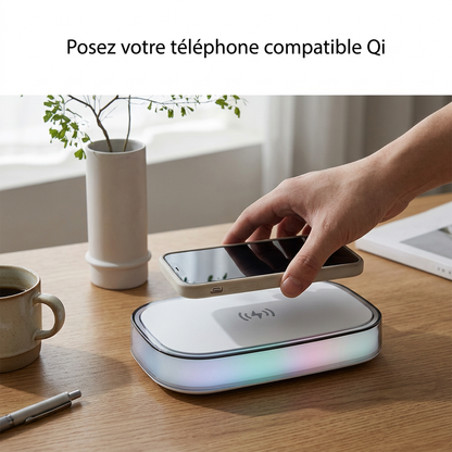 Main posant un téléphone sur un socle de recharge sans fil avec bordure lumineuse multicolore